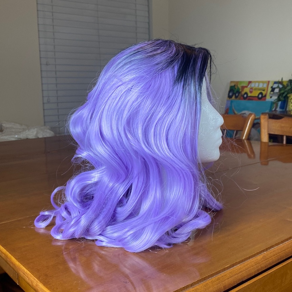 No bangs curly wig black purple lavender Cosplay pole dancer anime